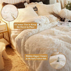 XeGe Plush Shaggy Duvet Cover Set, Luxury Ultra Soft Crystal Velvet Fluffy Bedding Sets 3 Pieces(1 Furry Faux Fur Comforter Cover + 2 Fuzzy Faux Fur Pillowcases), Zipper Closure(Queen, Light Beige)