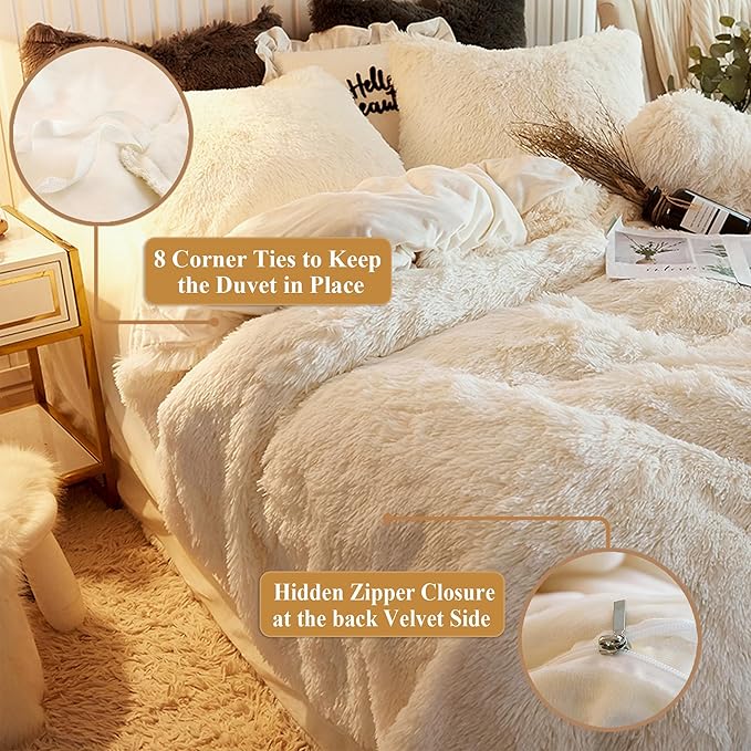 XeGe Plush Shaggy Duvet Cover Set, Luxury Ultra Soft Crystal Velvet Fluffy Bedding Sets 3 Pieces(1 Furry Faux Fur Comforter Cover + 2 Fuzzy Faux Fur Pillowcases), Zipper Closure(King, Light Beige)