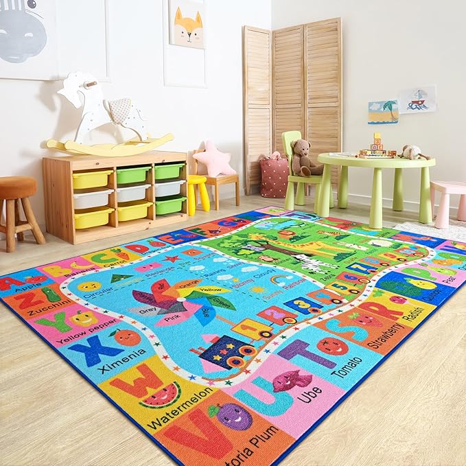 Kids Rug for Playroom, 4x6 ABC Educational Carpet for Classroom, Fun Alphabet Area Rugs for Learn Numbers Colors Animal Weather and Shapes Playmat for Girls Boys Room Nursery Decor