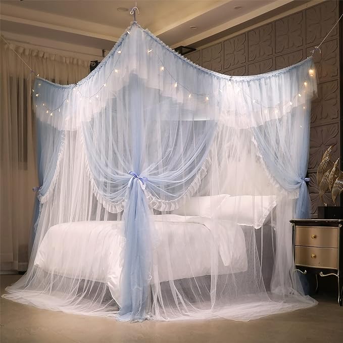 VETHIN 4 Corners Post Ruffle Princess Bed Canopy Curtain-Double Layer Cozy Drape Netting 4 Opening Mosquito Net for Girls Adults Bedroom Decoration (Gray/White, 53" W*78" L*82"*H/(Full))