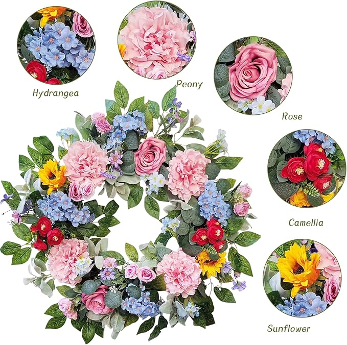 24 Inch Spring Summer Wreaths for Front Door, Spring Summer Door Wreaths, Floral Flowers Wreath with Pink Peony,Rose,Blue Hydrangea,Sunflower,Large Wreaths for Spring Summer Outdoor Home Decor