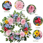 24 Inch Spring Summer Wreaths for Front Door, Spring Summer Door Wreaths, Floral Flowers Wreath with Pink Peony,Rose,Blue Hydrangea,Sunflower,Large Wreaths for Spring Summer Outdoor Home Decor