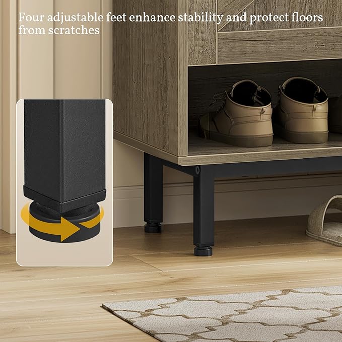 Yaheetech Shoe Storage Cabinet with Doors, Farmhouse Shoe Cabinet with 2 Adjustable Shelves and 4 Side Hooks, Wooden Shoe Rack Organizer Cabinet for Entryway, Foyer, Hallway, Washed Gray