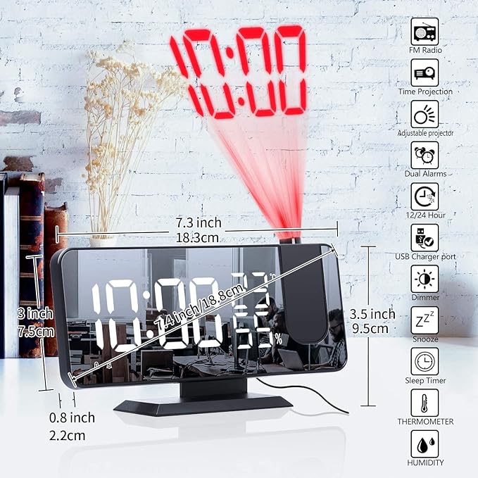 Projection Alarm Clock for Bedroom Ceiling Digital Clock Radio with USB Charger Ports 180° Rotatable Projector, 12/24H,Snooze,Dual Loud Alarm Clock (Black)