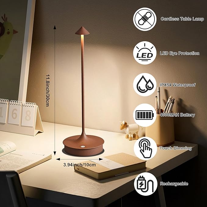 Cordless Table Lamps Rechargeable, LED Desk Lamp 4000mAh Battery Operated Outdoor Waterproof Portable Touch Dimmable Table Light for Patio/Restaurant/Bar/Indoor (Brown-1PC)