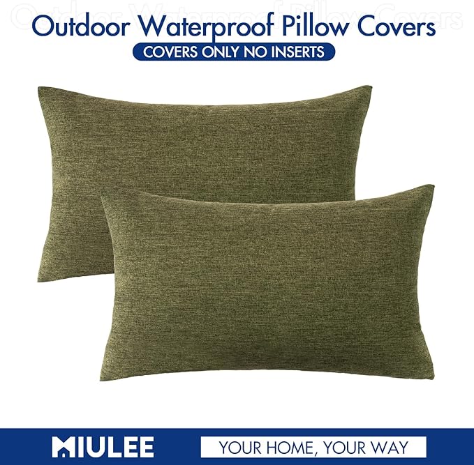 MIULEE Pack of 2 Decorative Outdoor Solid Waterproof Throw Pillow Covers Spring Faux Linen Garden Farmhouse Cushion Cases for Patio Tent Balcony Couch Sofa 20x12 Inch Olive Green