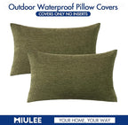 MIULEE Pack of 2 Decorative Outdoor Solid Waterproof Throw Pillow Covers Spring Faux Linen Garden Farmhouse Cushion Cases for Patio Tent Balcony Couch Sofa 20x12 Inch Olive Green