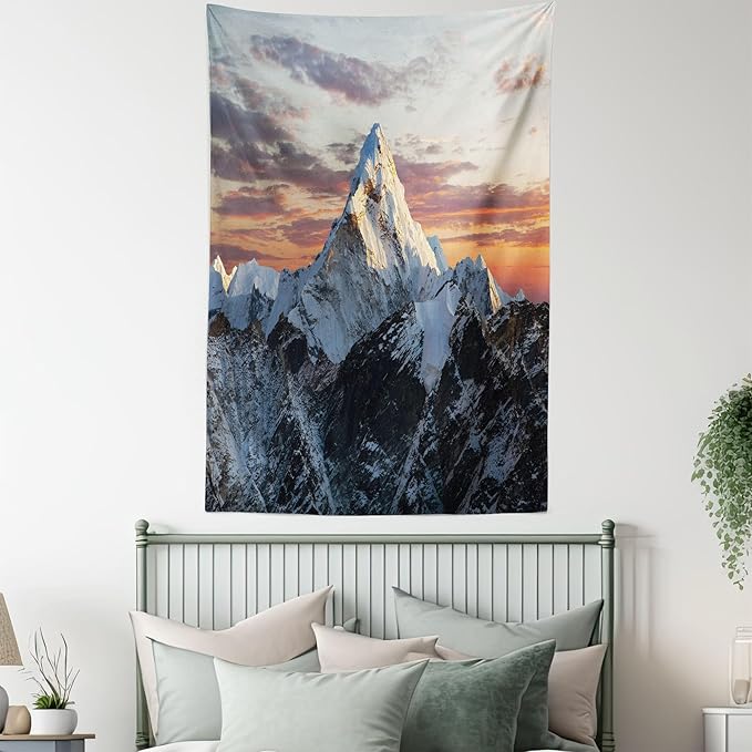 Ambesonne Mountain Tapestry, Evening South High Hill Above the Sky Colorful Nepal Everest Photo, Fabric Wall Hanging Decor for Bedroom Living Room Dorm, 30" X 45", Bluegrey Salmon
