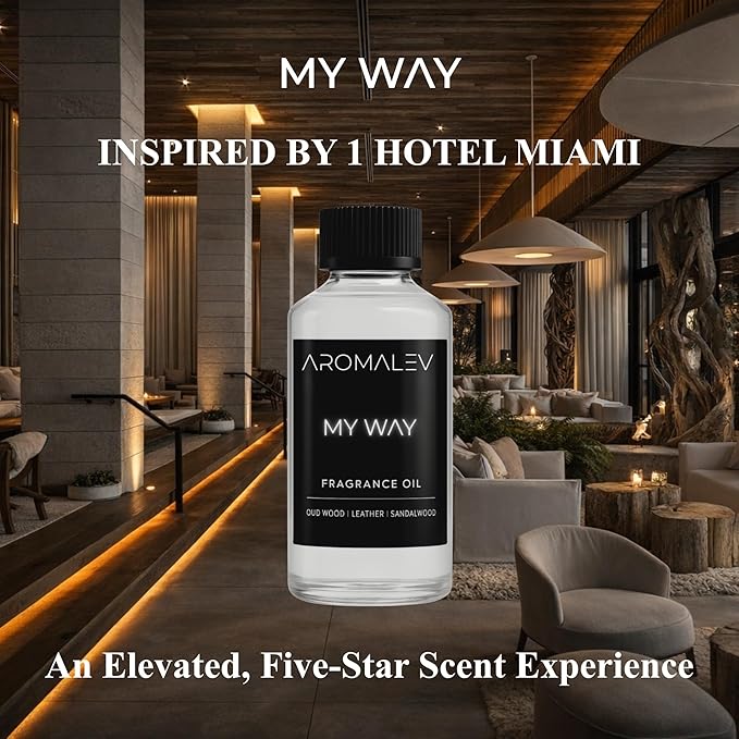 My Way Fragrance Oil Inspired by 1 Hotel Miami – Luxury Diffuser Oil with Oud Wood, Leather & Sandalwood Notes – Long Lasting Aroma + Spray Cap for Room Spray, 4.1 Fl Oz / 120ml