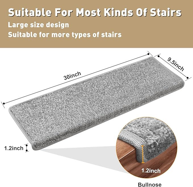 PURE ERA Bullnose Carpet Stair Treads Set Tape Free Non-Slip Indoor Stair Protectors Pet Friendly Rugs Covers Soft Skid Resistant Washable Reusable 9.5" x 30"(14 Pieces,Light Gray)