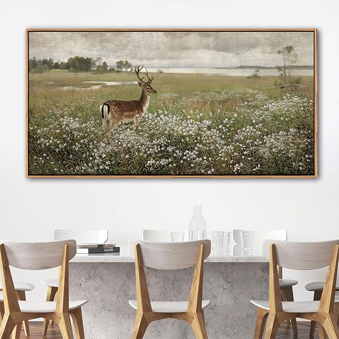 Vintage Wall Art for Living Room Farmhouse Wall Art, Country Wall Decor, Deer Art - Rustic Nature Canvas, Large Landscape Pictures for Bedroom Framed Artwork for Walls 29×58IN