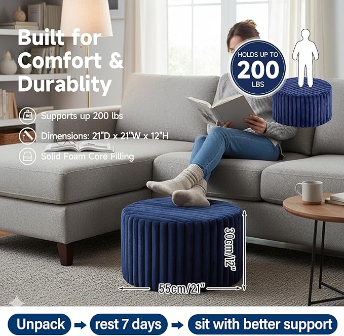 Tiita Round Stuffed Pouf Ottoman, Stripe Faux Fur Poufs with Foam Chunk Filling, Furry and Fluffy Pouf 21×21×12 inch Foot Stool Storage Ottoman,Puff Office Foot Rest for Couch Living Room, Navy Blue