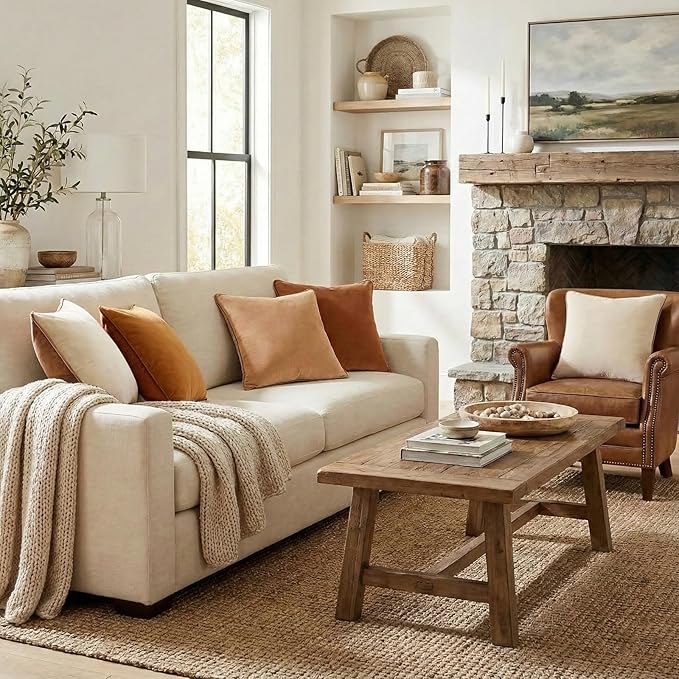 Mecatny Set of 4 Velvet Throw Pillow Covers 18x18, Soft Colorful Accent Decorative Couch Pillow Covers for Sofa Bedroom Living Room, Brown/Khaki