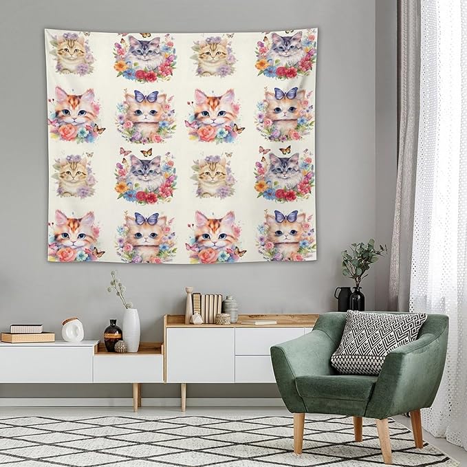 VUMIVI Watercolor Flower Cat Tapestry Colorful Cartoon Cute Animals Butterflies Abstract Art Print Tapestry Wall Hanging for Living Room Bedroom Dorm Classroom Aesthetic Decor W60xL50in