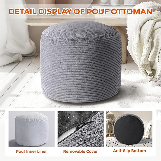 Pouf Ottoman Foot Rest, Comfortable & Soft, Round Footstool for Living Room, Bedroom, Office, Room Decoration, Corduroy Foot Stool Pouf with Odorless & Anti-Clump Filling, Large Dark Grey