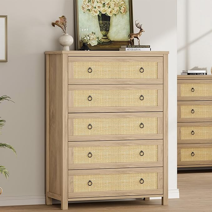 IDEALHOUSE Rattan Dresser for Bedroom with 5 Drawers, 45'' Tall Chest of Large Drawers with Large Clothes Storage Cabinet, Wood Bedroom Dresser, TV Stand for Nursery, Living Room, Enterway