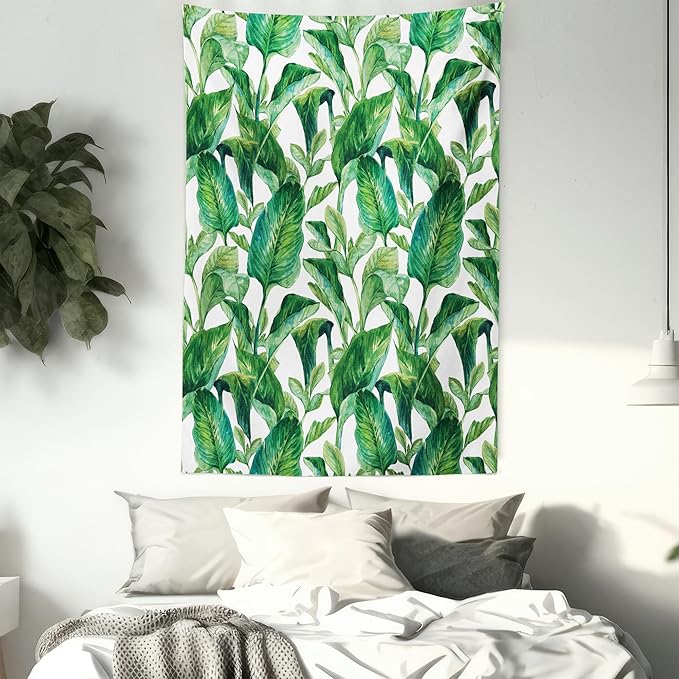 Ambesonne Leaf Tapestry Queen Size, Romantic Holiday Island Hawaiian Banana Trees Watercolored Image, Wall Hanging Bedspread Bed Cover Wall Decor, 88" X 88", Forest Green
