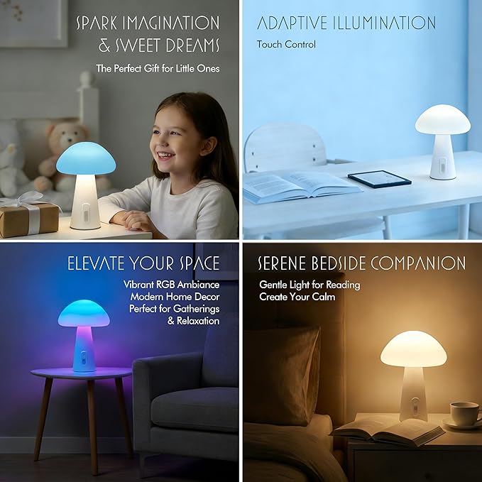 Rechargeable Touch Mushroom Table Lamp – Cordless RGB Lamp for Bedroom, Nightstand, Side Table – 3 Color Temperatures + RGB + Dimming + Type-C Charging