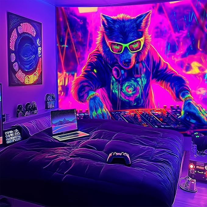NYZE Wolf Tapestry for Bedroom, Music Wall Tapestry, Party Decor Glow in the Dark Room Decor Tapestries, Cool Galaxy Planet Wall Hanging, Wall Hanging for Room Dorm 79in×59in
