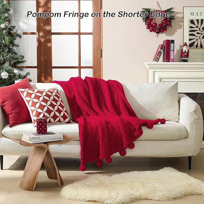HORIMOTE HOME Ultra Soft Sherpa Throw Blanket with Pompom Fringe, Lightweight Plush Boho Throw Blanket for Couch, Sofa, Bedroom,Travel, Christmas Decor, Warm Blanket for Winter, 60"x80", Red