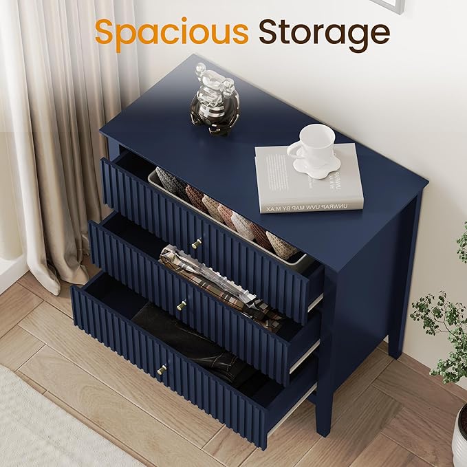 Large Blue 3-Drawer Dresser, 30 Inch Tall Painted Wood Nightstand with Storage, Wide Modern Chest of Drawers with Ball Bearing Slide for Bedroom Hallway Living Room Entryway Office