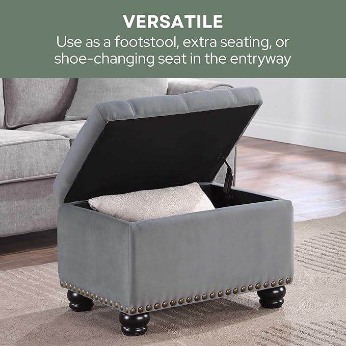 Convenience Concepts Designs4Comfort 5th Avenue Storage Ottoman 24" - Contemporary Foot Stool and Seat with Hinged Lid for Living Room, Dining Room, Office, Den, Gray Velvet