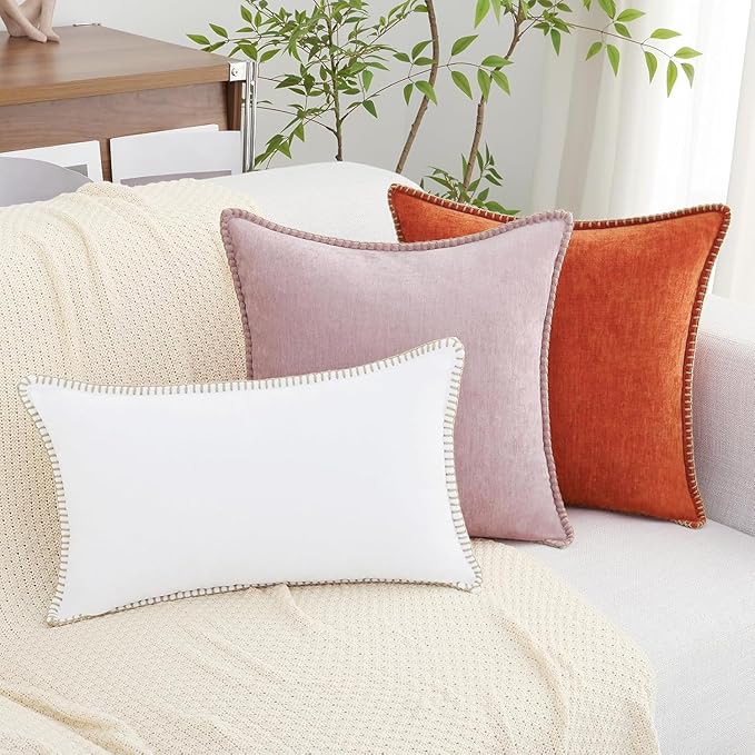 decorUhome Spring Chenille Soft Cozy Throw Pillow Covers 12x20 Set of 2, Modern Farmhouse Boho Velvet Decorative Pillow Cases with Stitched Edge for Couch Sofa Bed Home Decor, Rust