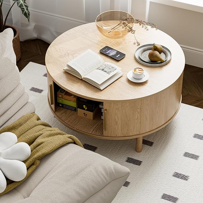 Coffee Table for Living Room, Modern Round Coffee Table with Cabinets & Sliding Doors, Home Small Space, 29.9" Fluted Center Table, Natual