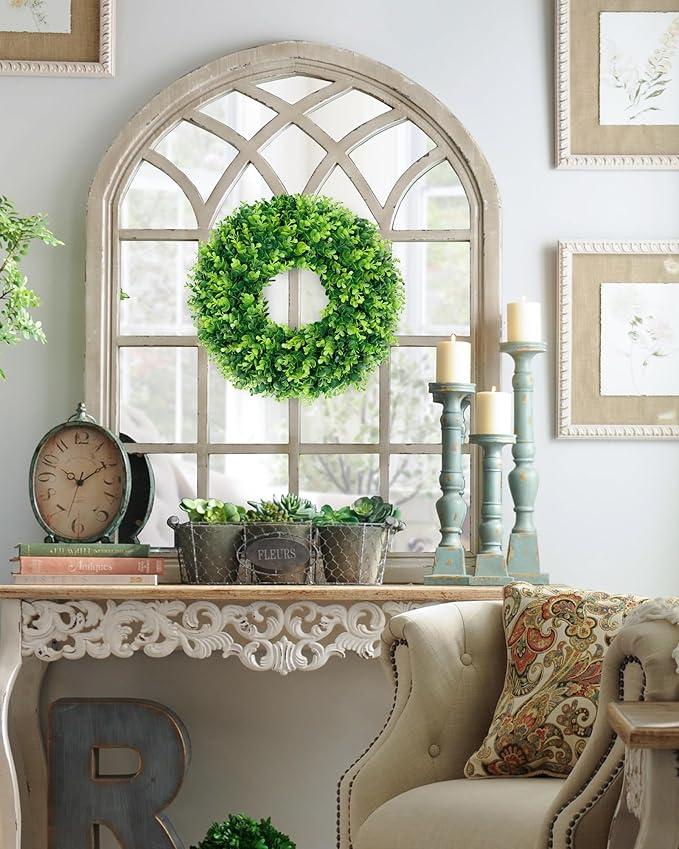 DDHS 18'' Boxwood Wreath for Front Door – Artificial Green Farmhouse Wreath, Spring Summer Fall Winter DIY Decor, for Indoor Outdoor Year-Round Wedding Home Decorations