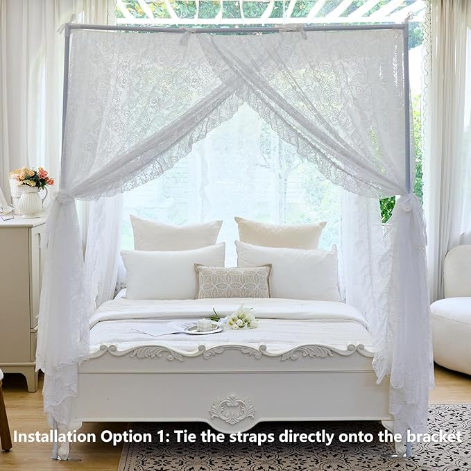 AIKASY Elegant Lace Princess 4-Poster Bed Canopy Mosquito Net - Romantic Wedding Bridal Bedroom Decor, Kids Room Bed Curtain for Women Adults - (White-3,Full)