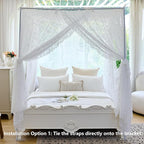 AIKASY Elegant Lace Princess 4-Poster Bed Canopy Mosquito Net - Romantic Wedding Bridal Bedroom Decor, Kids Room Bed Curtain for Women Adults - (White-3,Queen)