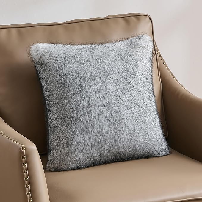 FUTEI Black White Decorative Throw Pillow Covers 18x18 Inch Set of 2,Soft Faux Raccoon Fur Textured Cushion Case,Modern Home Luxurious Decor for Couch Bed Living Room