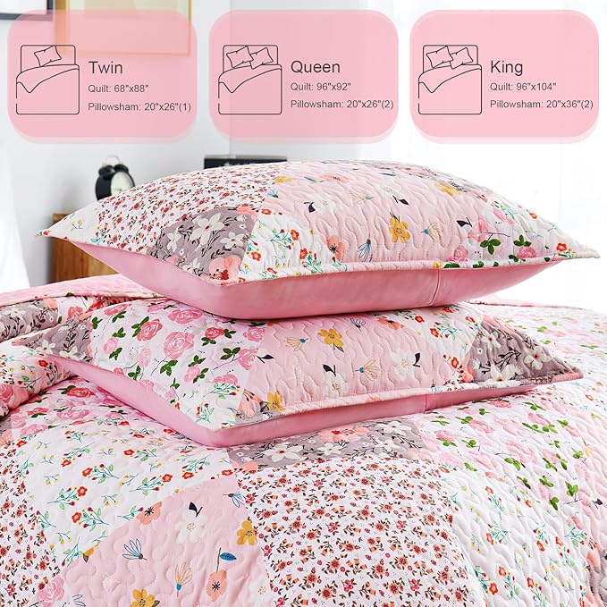 Whale Flotilla Patchwork Quilt King Size, Extra Soft Boho Floral Bedspreads for Bed Reversible Lightweight King Quilt Bedding Set Printed Coverlets with 2 Pillow Shams for All Seasons, Pink
