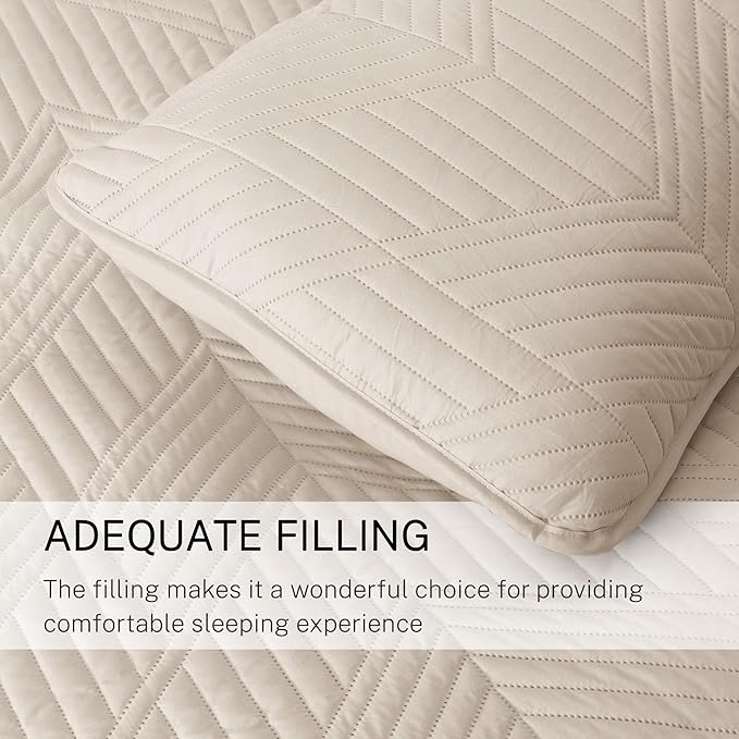 Exclusivo Mezcla Ultrasonic Twin Quilt Bedding Set, Lightweight Brich Beige Bedspreads Soft Modern Geometric Coverlet Set for All Seasons (1 Quilt and 1 Pillow Sham)