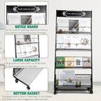 Floor Magazine Rack Brochure Display Stand 4-Layer With Wheels And Top Billboard, Newspaper Magazine Holder High-Hardness For Office Exhibitions, Black (57.5''*25''*13.2'')