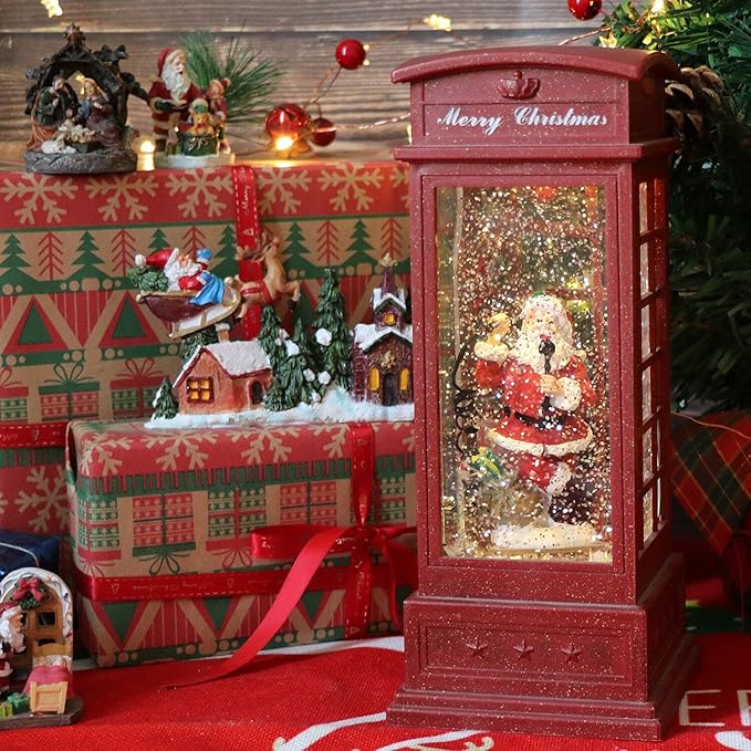 Eldnacele Christmas Snow Globe Lantern Phone Booth, Swirling Water Glittering Battery Operated Festicval Ornament with Timer for Christmas Tabletop Centerpiece Home Decoration(Phone Booth)