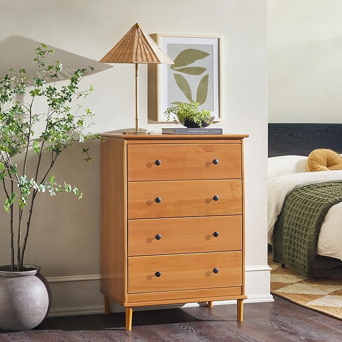 Walker Edison Modern Tall 4-Drawer Solid Wood Dresser Bedroom Storage Drawer Organizer Closet Hallway, 40 Inch, Caramel