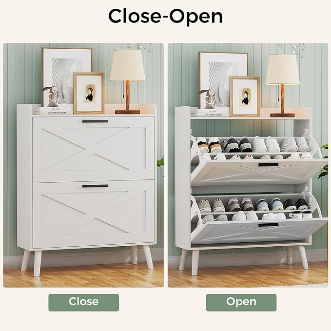 32" W Farmhouse Shoe Storage Cabinet with 2 Flip Drawers and Barn Door Design, Adjustable Shelves, Modern Hidden Slim Narrow Shoe Rack Cabinet for Entryway, Foyer, Hallway, Living Room, White