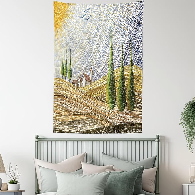 Ambesonne Italian Tapestry Twin Size, Van Gogh Style Italy Valley Rural Fields European Scenery Painting Print, Wall Hanging Bedspread Bed Cover Wall Decor, 68" X 88", Tan Blue Green