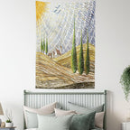 Ambesonne Italian Tapestry Queen Size, Van Gogh Style Italy Valley Rural Fields European Scenery Painting Print, Wall Hanging Bedspread Bed Cover Wall Decor, 88" X 88", Tan Blue Green