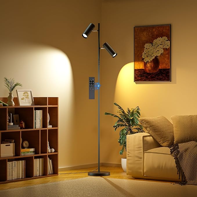 Spotlight Floor Lamp, Tall LED Standing Lamp with Remote/Touch Control, 2700K-6500K, 350°Rotating Head Standing Lamp, Reading Floor Lamp for Living Room, Bedroom, Office & Wall Art, Dual Head