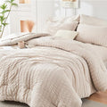 HYMOKEGE Beige Twin Comforter Set Seersucker 5 Pieces, All Season Luxury Bed in a Bag for Bedroom, Bedding Set with Comforters, Sheets, Pillowcase & Sham