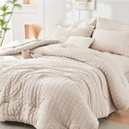 HYMOKEGE Beige Twin Comforter Set Seersucker 5 Pieces, All Season Luxury Bed in a Bag for Bedroom, Bedding Set with Comforters, Sheets, Pillowcase & Sham