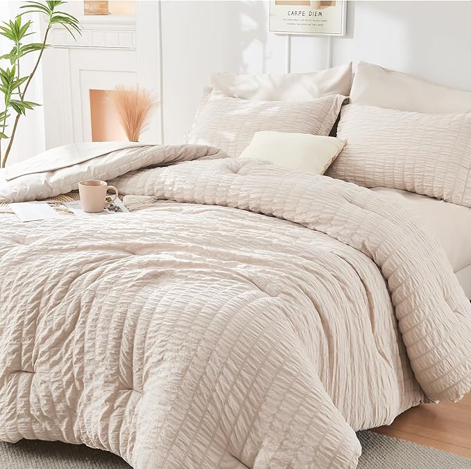 HYMOKEGE Beige Twin Comforter Set Seersucker 5 Pieces, All Season Luxury Bed in a Bag for Bedroom, Bedding Set with Comforters, Sheets, Pillowcase & Sham