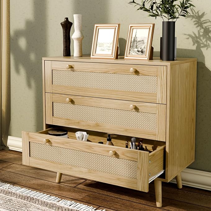 3 Drawer Dresser for Bedroom, Boho Dresser Chest with Handles for Bedroom Hallway Living Room