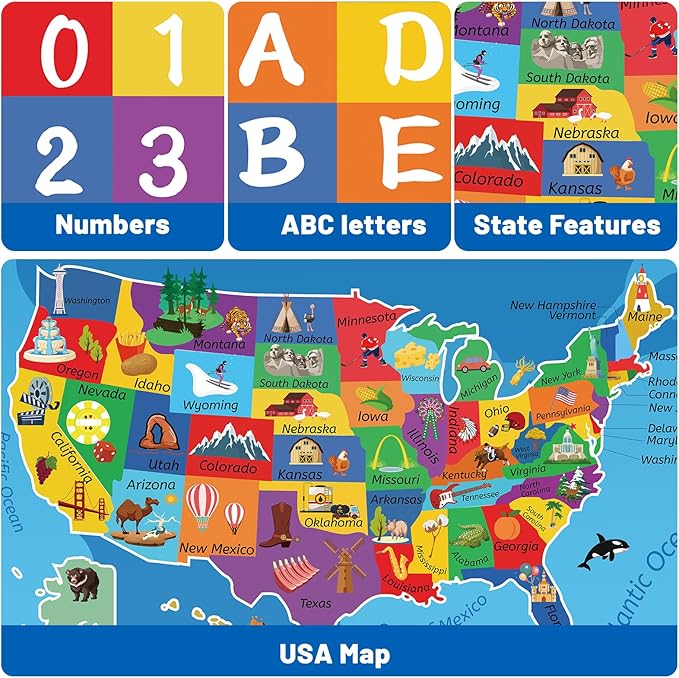 USA Map ABC Kid Rug 39.4" × 63" for Playroom Geography Classroom Rug Educational Baby Playmat Alphabet Mat for Primary School Fluffy Ployester Non-Slip Preschool Carpet for Nursery Room