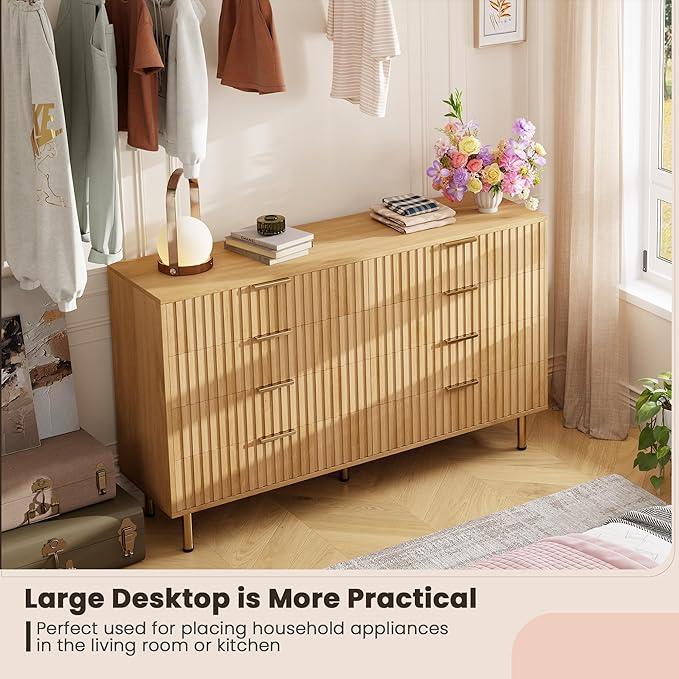 GarveeHome 8 Drawer Dresser for Bedroom, Fluted 55 in Wide Modern Chest of Drawers with Deep Drawers, Wooden Dresser Organizer for Living Room, Hallway, Kids Room, Natural