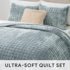 RECYCO Luxury Velvet Quilt Set Full Queen Size Bedding Sets, Ultra Soft Velvet Comforter Set, Lightweight Channel Box Stitch Oversized Bedspread Coverlet for All Season, with 2 Shams, Blue Linen