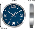 Bernhard Products Wall Clock 10 Inch Modern Silver Round Elegant Metal Quality Quartz, Silent Non Ticking Battery Operated Home Office Clock with 3D Numbers (Silver & Prussian Blue)