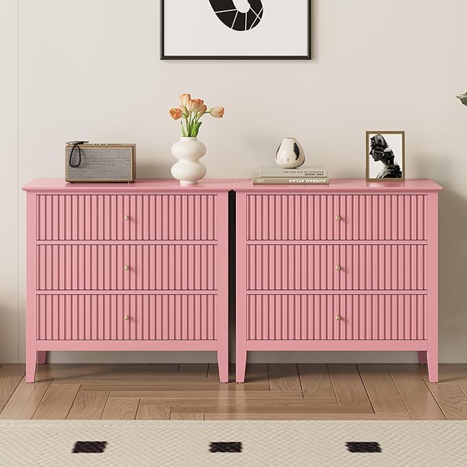 Large Pink 3 Drawer Dresser, Painted 30 Inch Tall Wood Nightstand with Storage, Wide Modern Chest of Drawers with Ball Bearing Slide for Bedroom Hallway Living Room Entryway Office